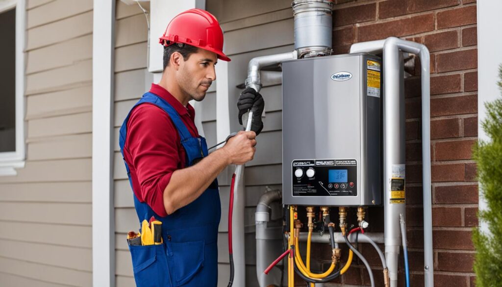 A male technician in a red hard hat and blue overalls is working on the plumbing of a wall-mounted tankless water heater on the side of a house.