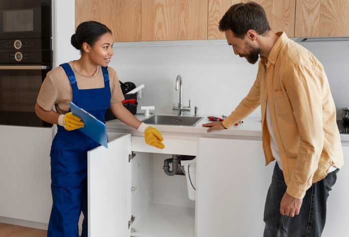 A female plumber in blue overalls and yellow gloves holding a clipboard explains something to a male homeowner, who is looking into an open kitchen cabinet under the sink where plumbing is visible.