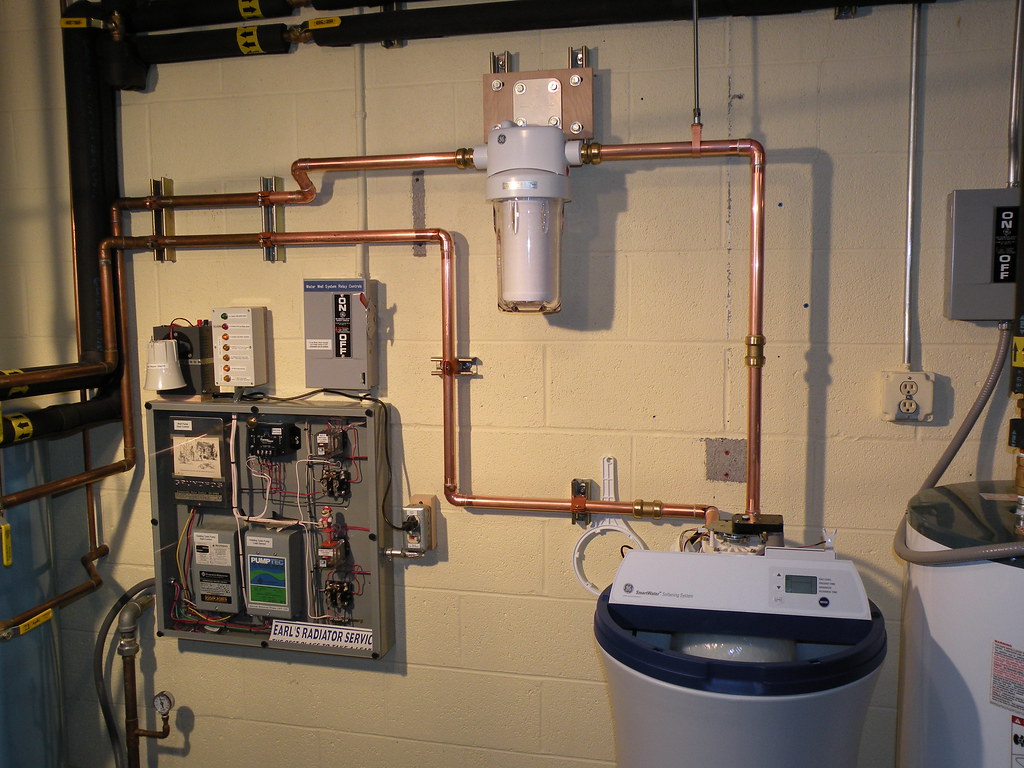 A well-organized home utility area featuring copper piping, a large water filter, an electrical panel, and a water softener.