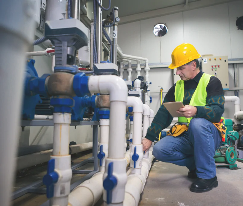 A male industrial worker in a hard hat and safety vest crouches while inspecting white pipes and blue valves in a factory or plant setting, holding a tablet.