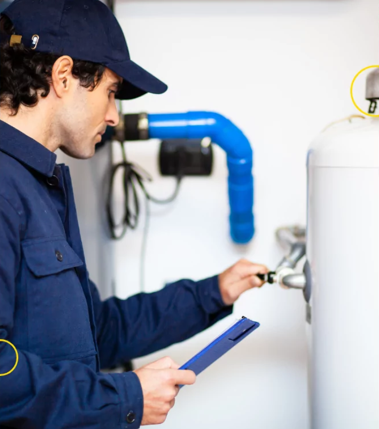 A male technician in a dark uniform and cap inspecting plumbing connections on a white water heater or tank.