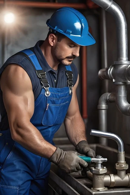 A muscular man in blue overalls, a hard hat, and gloves, working on industrial pipes and valves in a dimly lit setting.