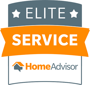 A HomeAdvisor "Elite Service" badge. The badge is gray at the top with "ELITE" in white capital letters, flanked by two white stars. Below this, an orange banner crosses the badge with "SERVICE" in white capital letters. At the bottom, the HomeAdvisor logo is displayed with a house icon and "HomeAdvisor" text in orange.