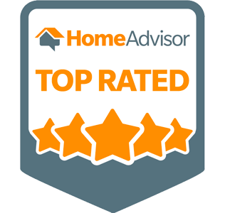 A HomeAdvisor "Top Rated" badge. The badge has a rounded rectangular shape with a gray border. At the top is the HomeAdvisor logo with an orange house icon and "HomeAdvisor" text. Below, "TOP RATED" is written in large orange capital letters. At the bottom, five orange stars are displayed, indicating a high rating.