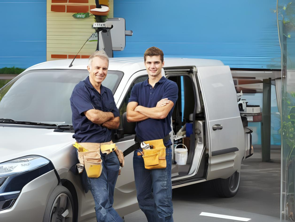 Two plumbers with tool belts standing by their van in Gilbert, Arizona.