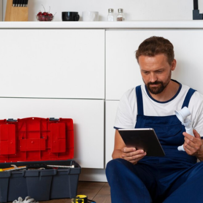 A male plumber in blue overalls sits on a kitchen floor, looking at a tablet and holding a white PVC pipe, with a red and black toolbox beside him.