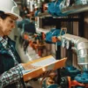 A female engineer in a white hard hat and plaid shirt with a dark vest examines documents on a clipboard, surrounded by industrial pipes and machinery in what appears to be an HVAC or manufacturing facility.