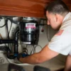 A plumber wearing a light-colored uniform is working under a kitchen sink, adjusting pipes connected to a garbage disposal with a tool.