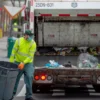 A sanitation worker in a high-visibility vest and face mask empties a large trash can into the back of a garbage truck on a city street.